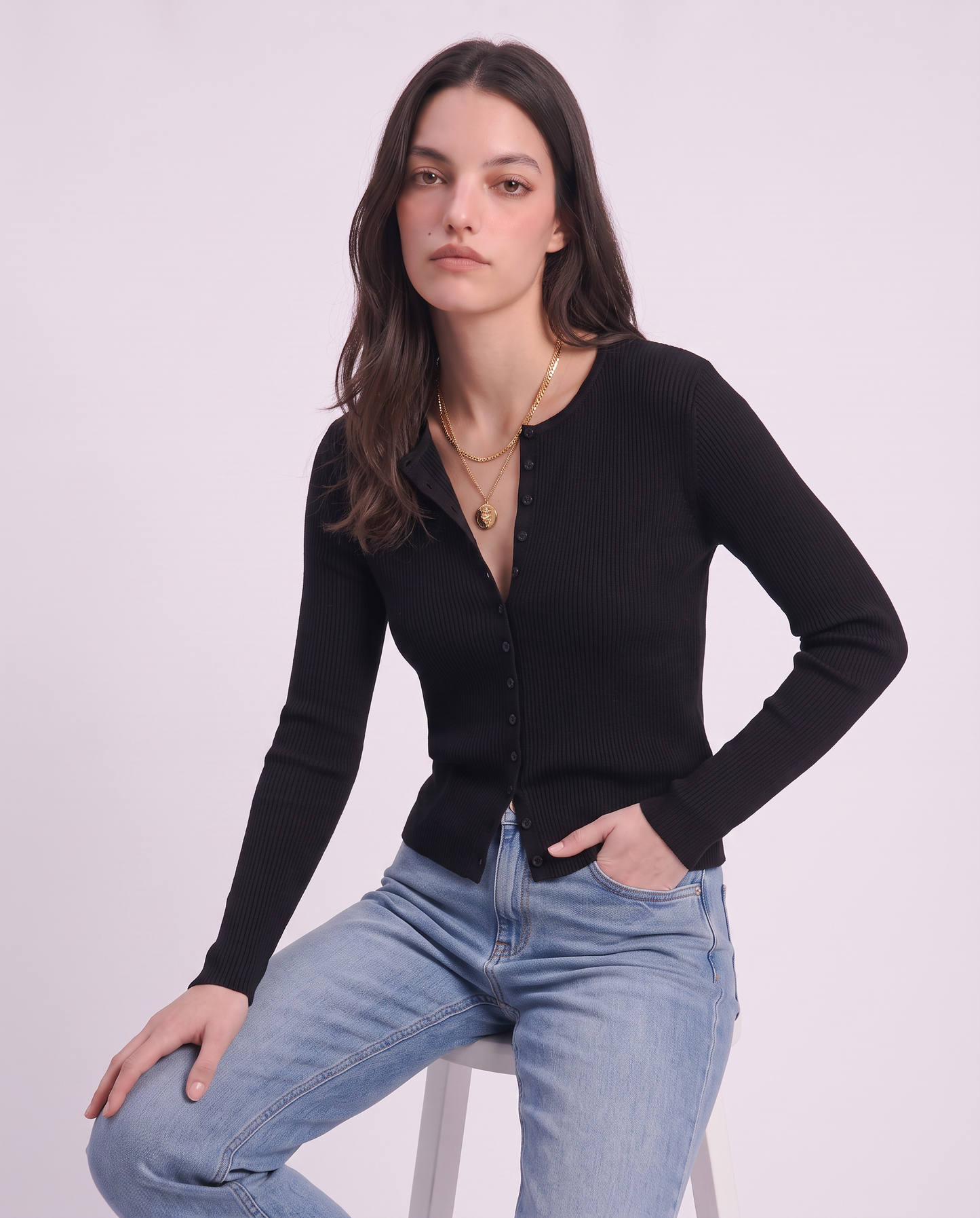 Cardigan paricollo con bottoni in tinta - Nero