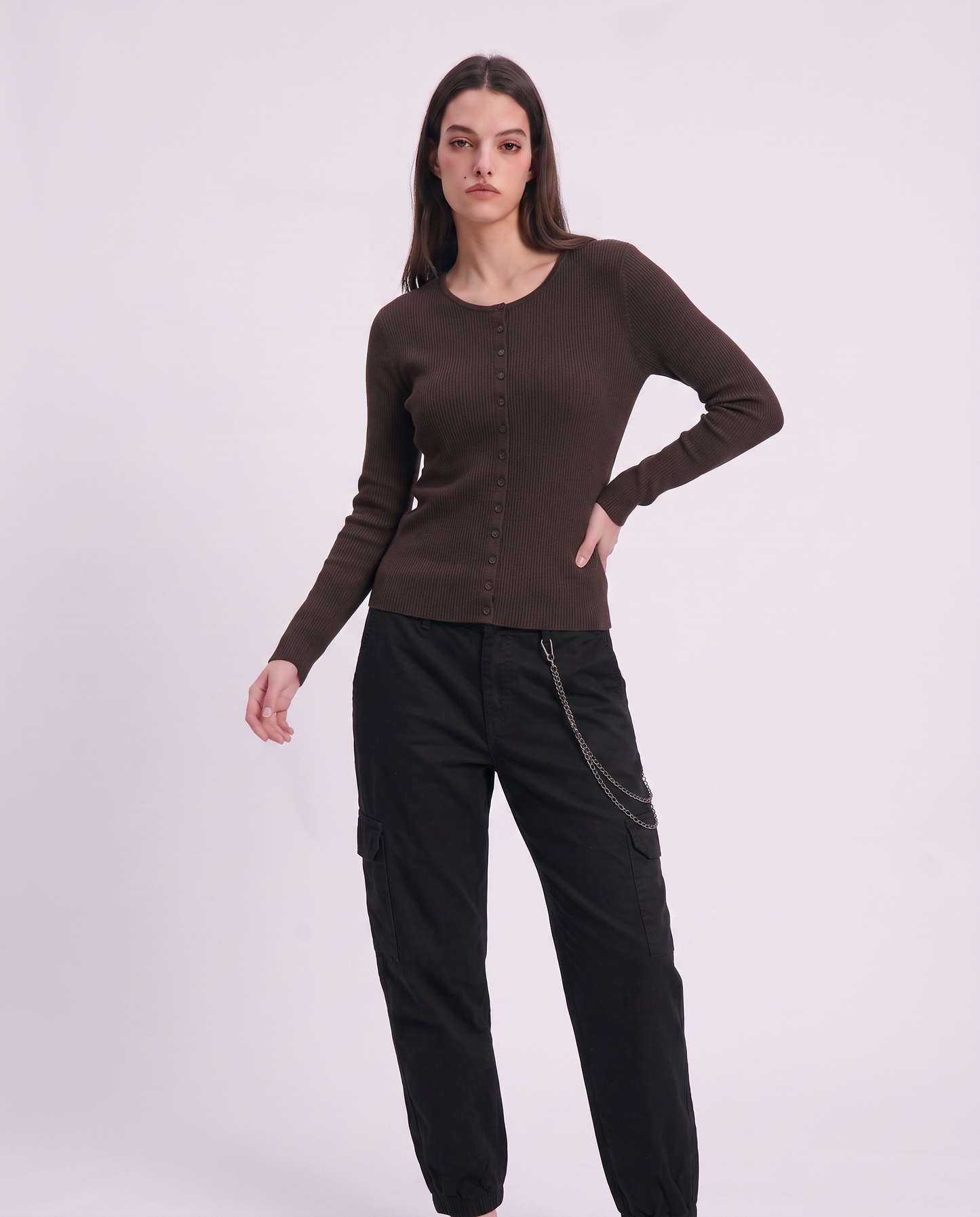 Collared cardigan with matching buttons - Brown
