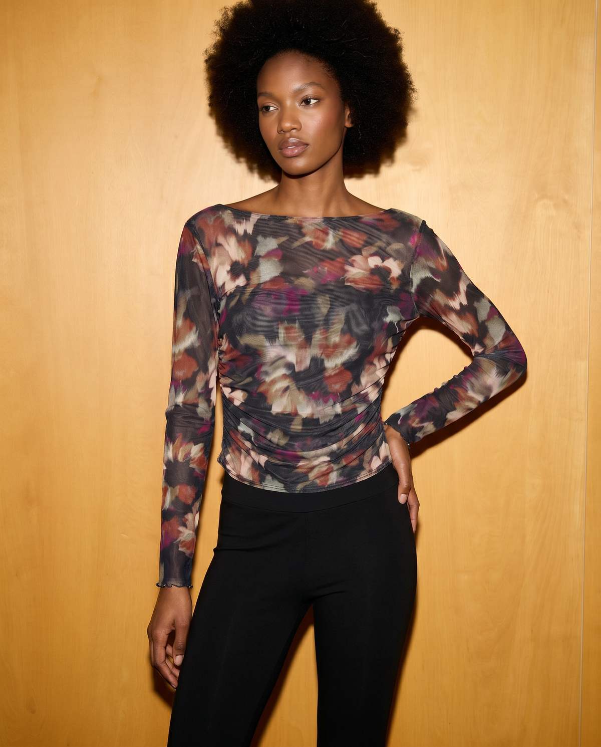Printed mesh T-shirt with ruffle - 