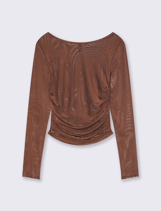 T-shirt in rete stampata con arriccio - Marrone cioccolato