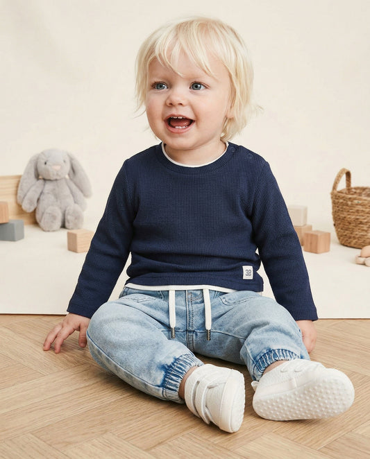 T shirt in tessuto waffle - Blu