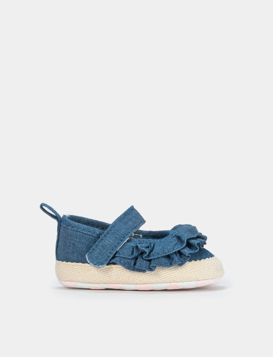 Denim Ruffle Ballerina with Non-Slip Sole - Blue