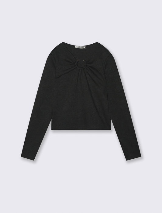 T-shirt manica lunga in maglia con scollatura decorativa. - Nero