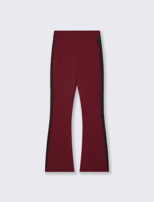 Pantalone a zampa con inserti laterali in pizzo - Bordeaux