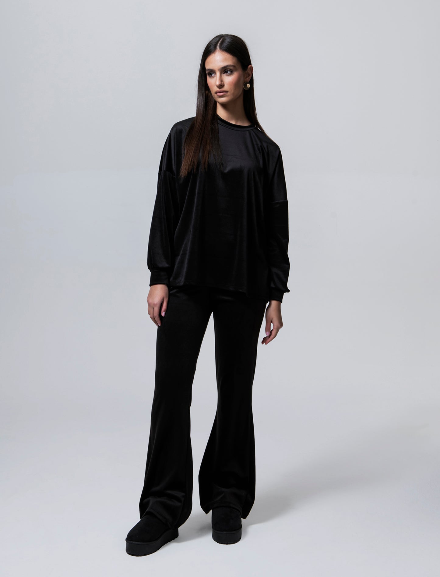 Pantalone in ciniglia con elastico in vita - Nero