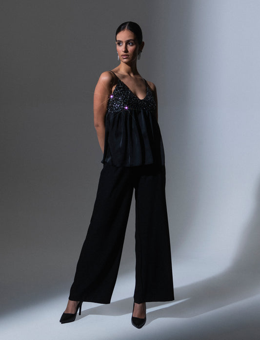 Pantalone palazzo con pinces - Nero
