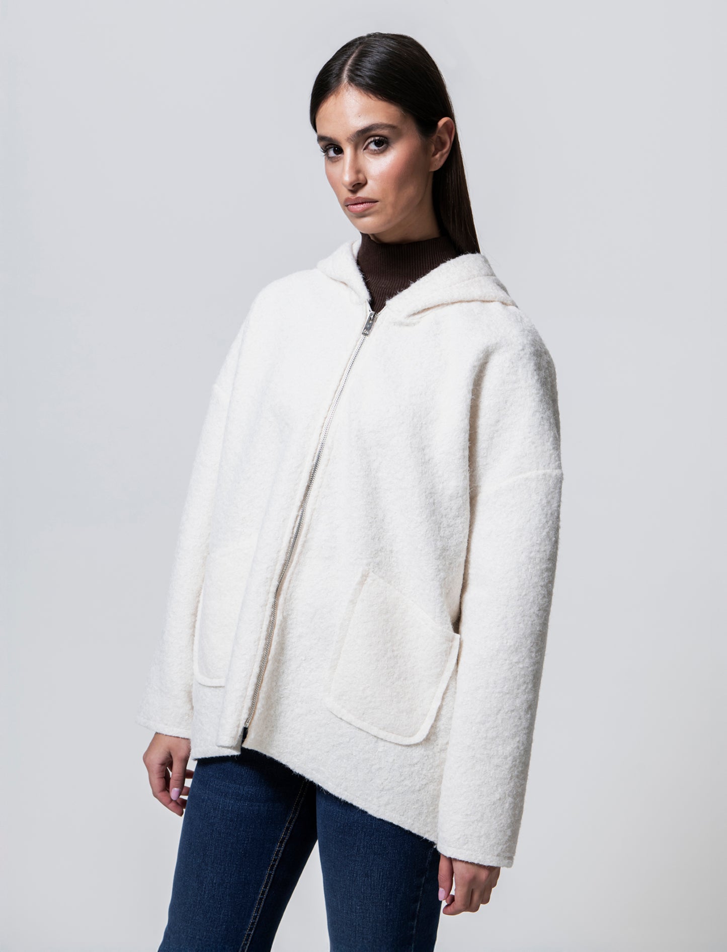 Cappotto con zip oversize - Bianco panna