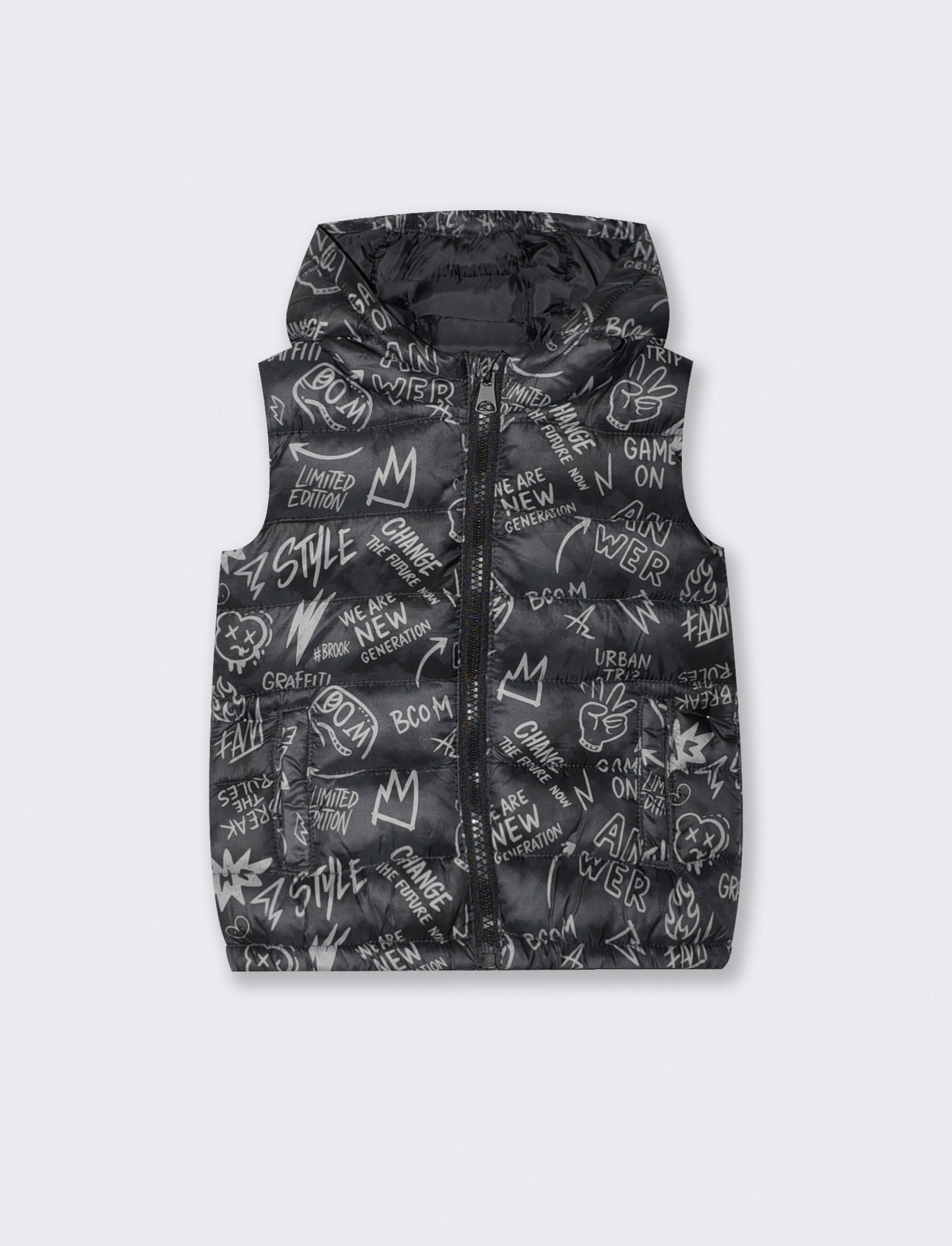 Gilet imbottito con cappuccio e tasche - Fantasia