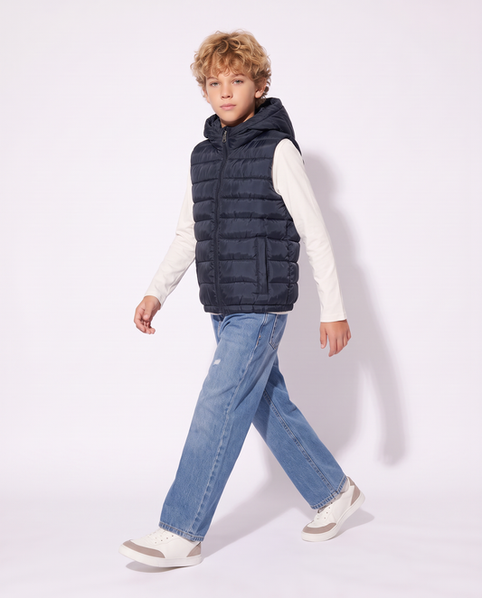 Padded vest with hood and pockets - Blue