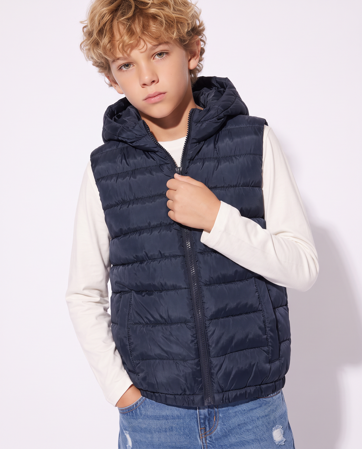 Gilet imbottito con cappuccio e tasche - Blu