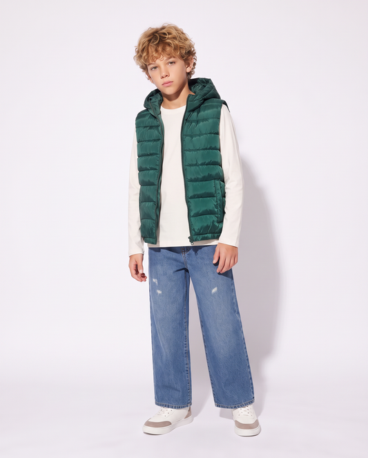 Padded vest with hood and pockets - Green