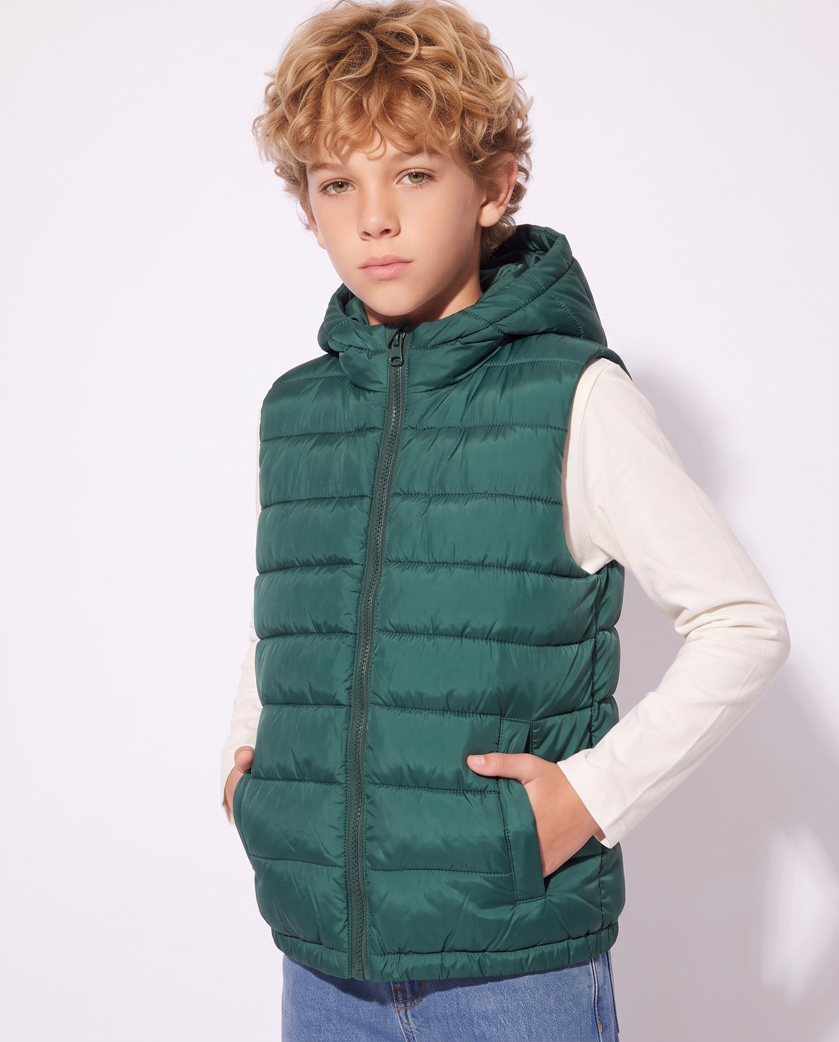 Padded vest with hood and pockets - Green