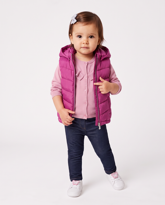 Padded vest with hood and pockets - Fuxia