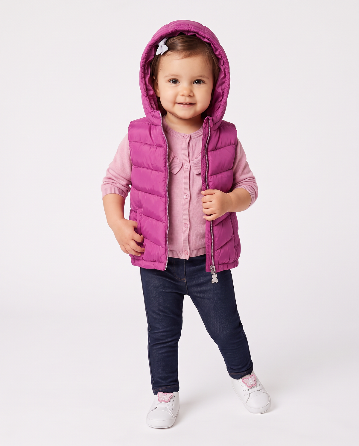Padded vest with hood and pockets - Fuxia