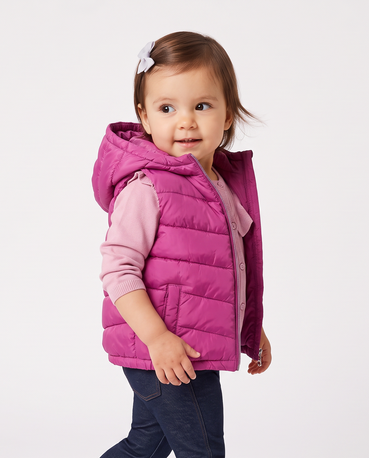 Padded vest with hood and pockets - Fuxia