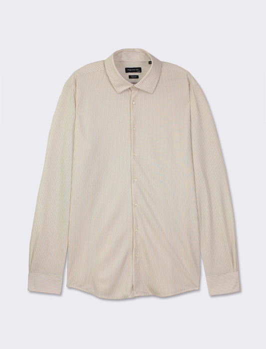 Structured Striped Regular Fit Shirt - Italian Collar - Beige