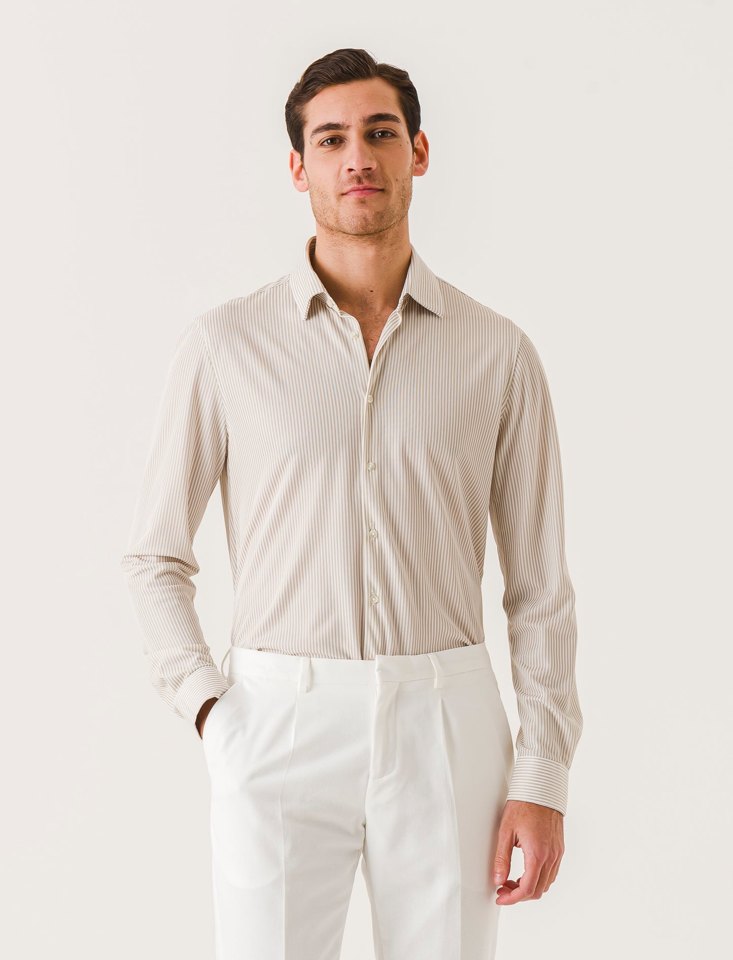 Structured Striped Regular Fit Shirt - Italian Collar - Beige