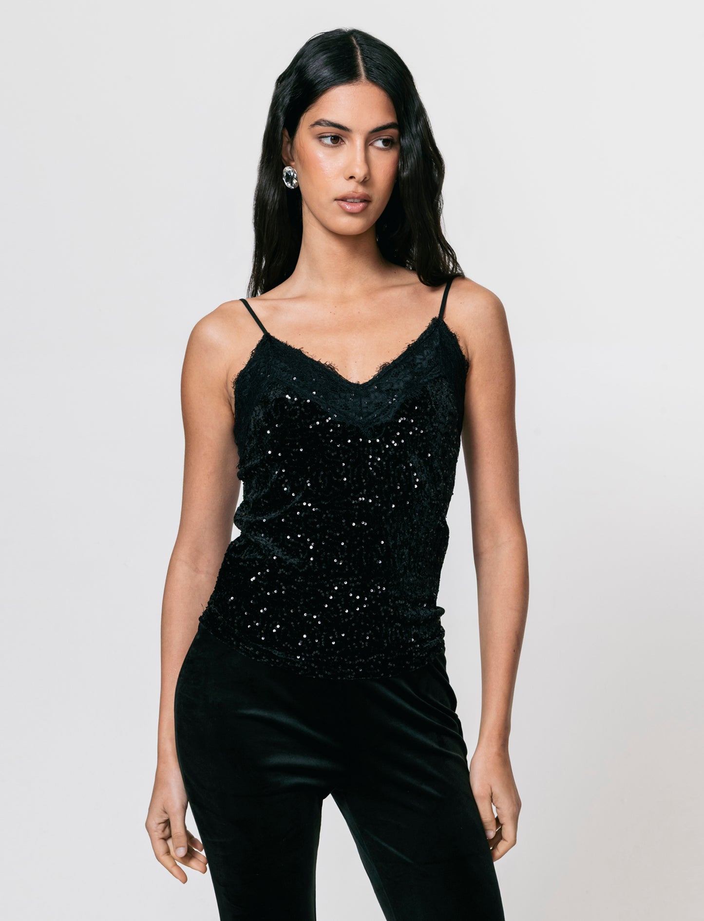 Top in paillettes e pizzo - Nero