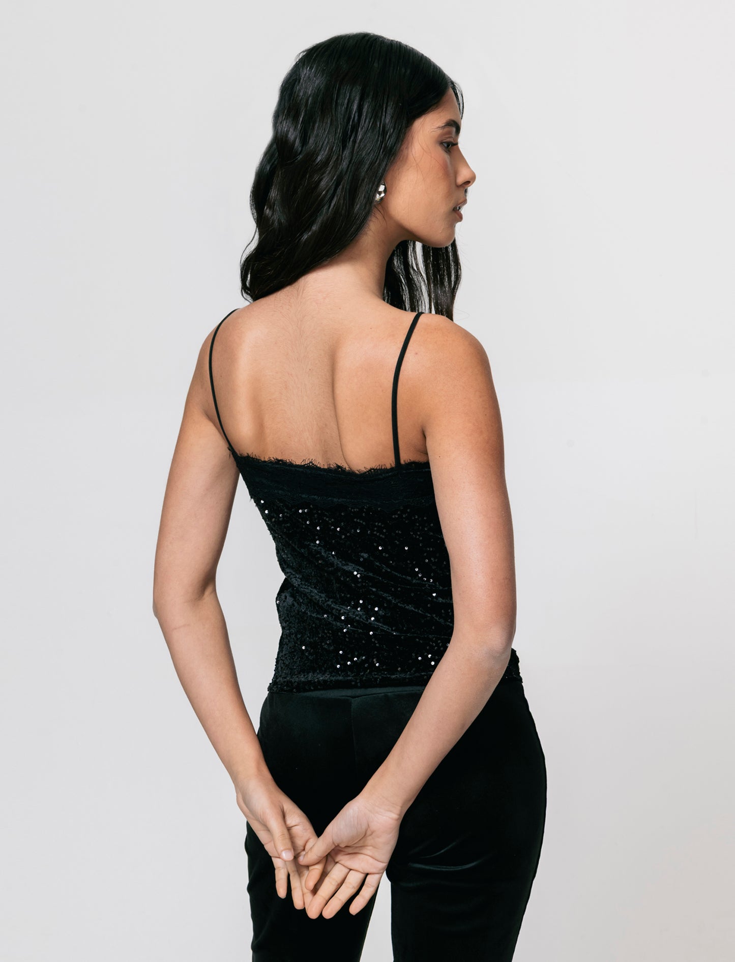 Top in paillettes e pizzo - Nero