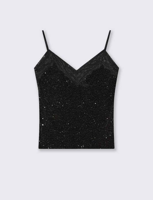 Top in paillettes e pizzo - Nero