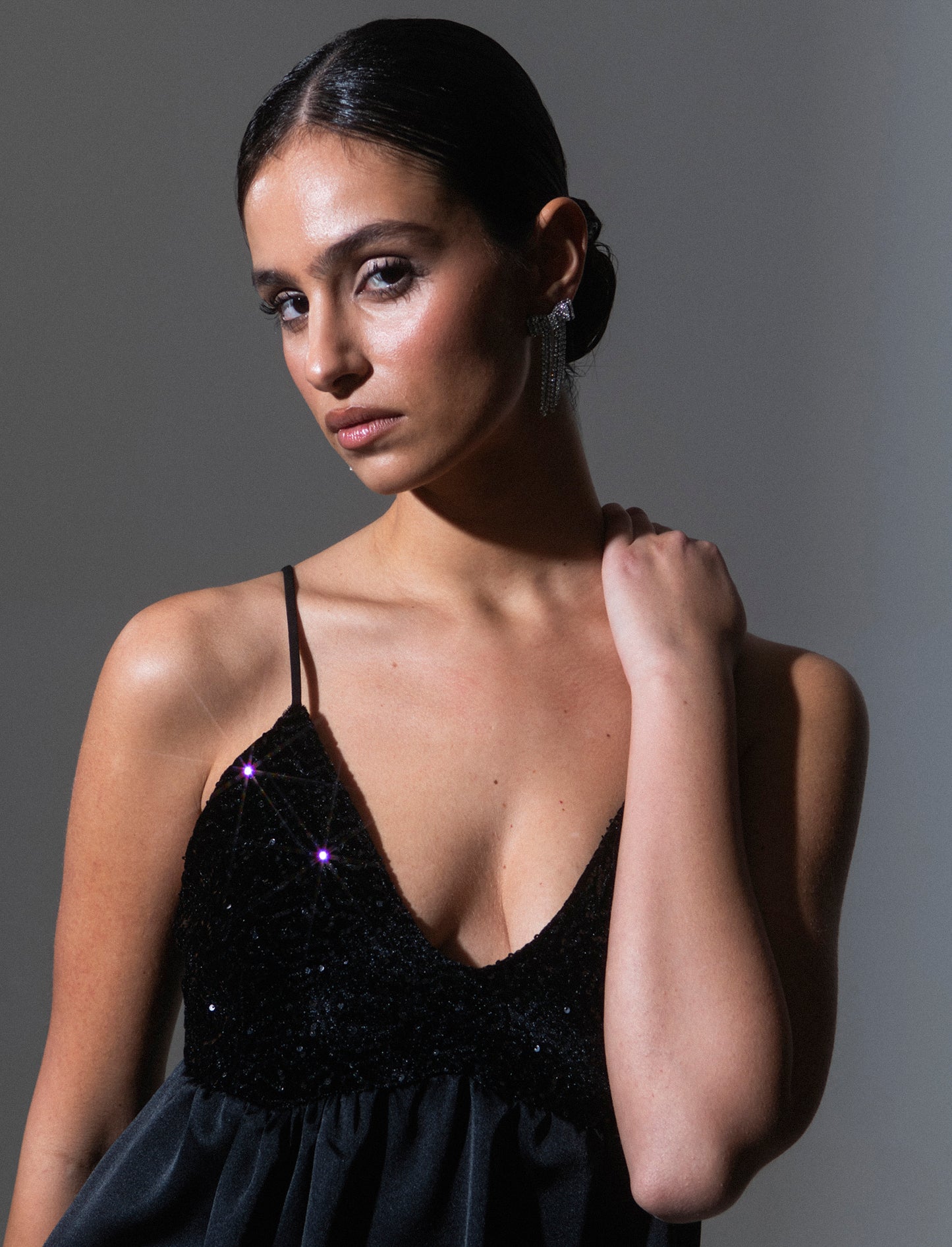 Top in paillettes e georgette - Nero