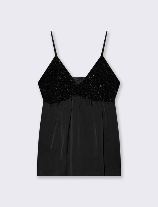 Top in paillettes e georgette - Nero