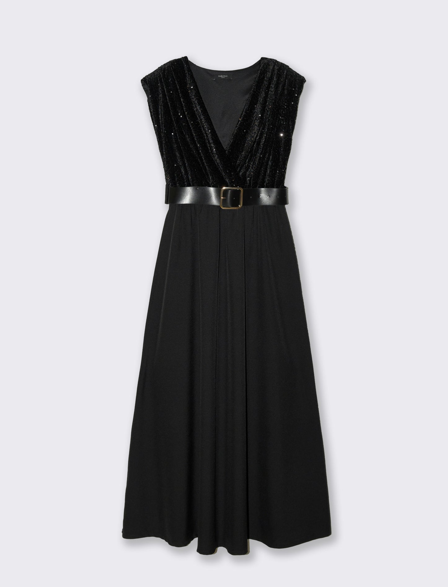 Vestito con doppio tessuto e cintura, paillettes e tessuto unito - Nero