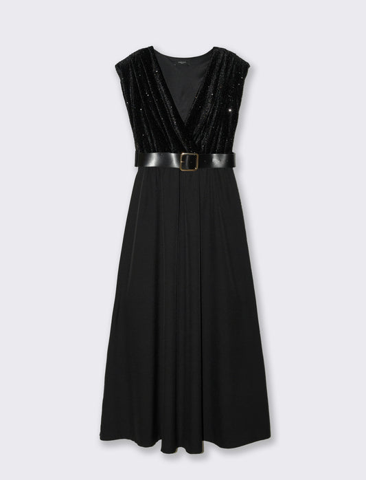 Vestito con doppio tessuto e cintura, paillettes e tessuto unito - Nero