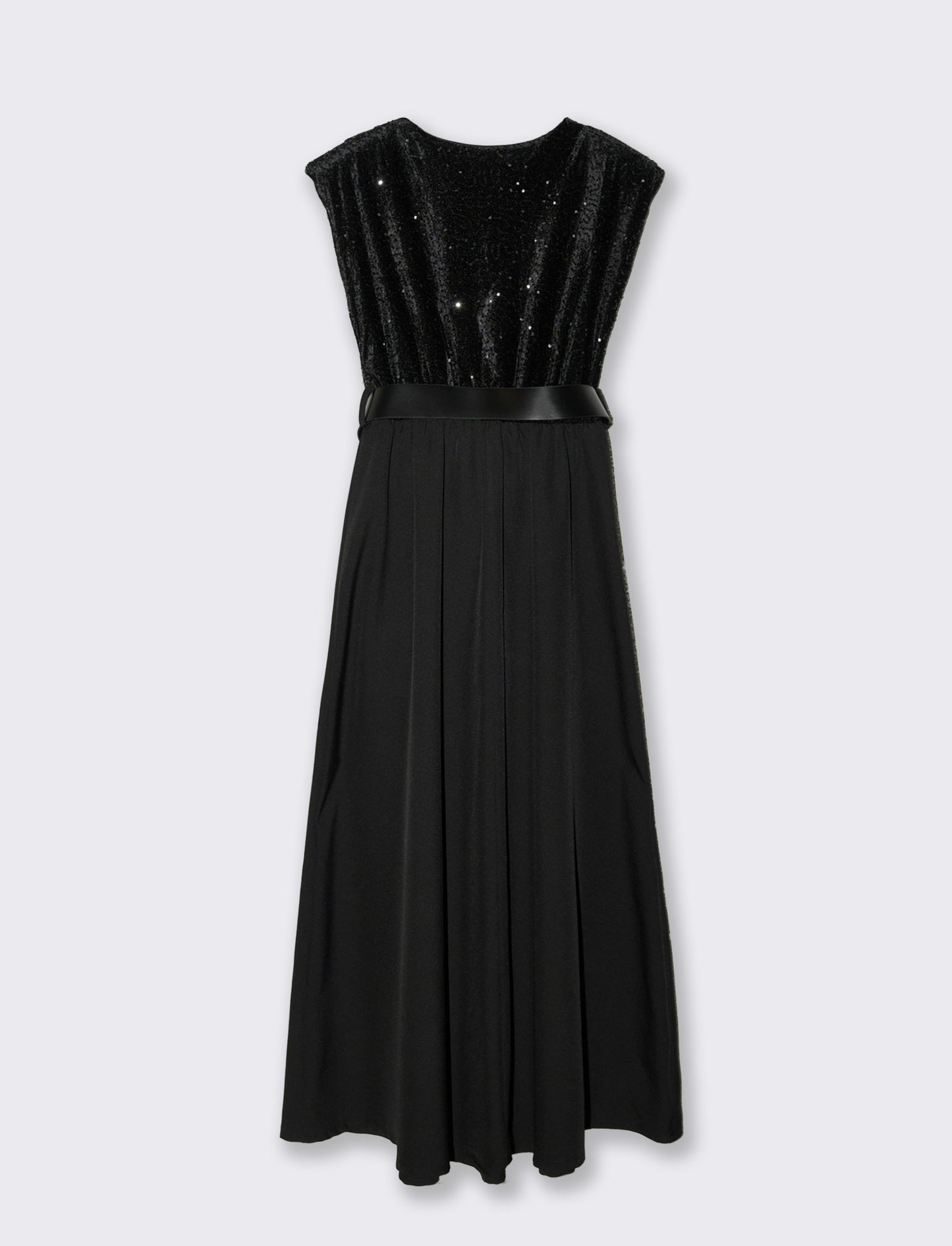Vestito con doppio tessuto e cintura, paillettes e tessuto unito - Nero