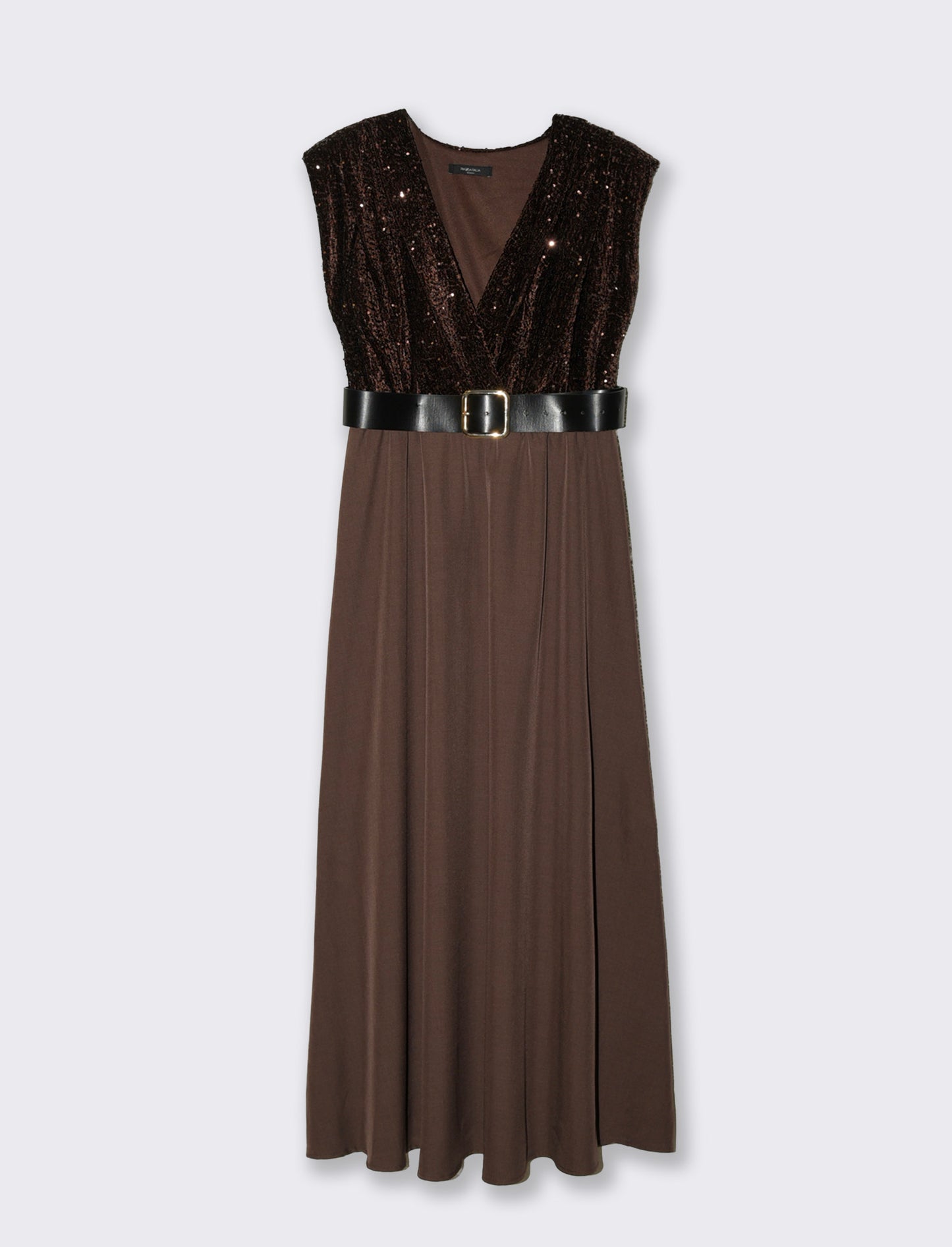 Vestito con doppio tessuto e cintura, paillettes e tessuto unito - Moro