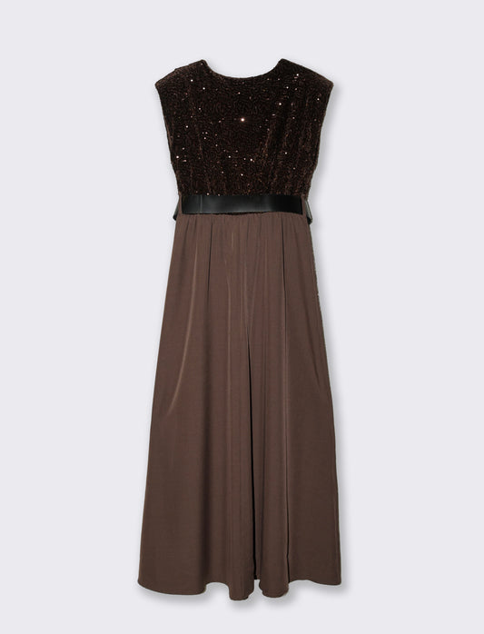 Vestito con doppio tessuto e cintura, paillettes e tessuto unito - Moro