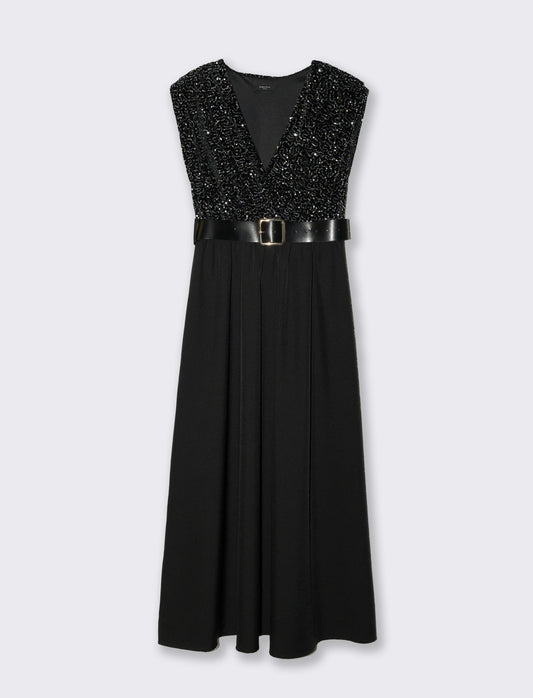 Vestito con doppio tessuto e cintura, paillettes e tessuto unito - Argento