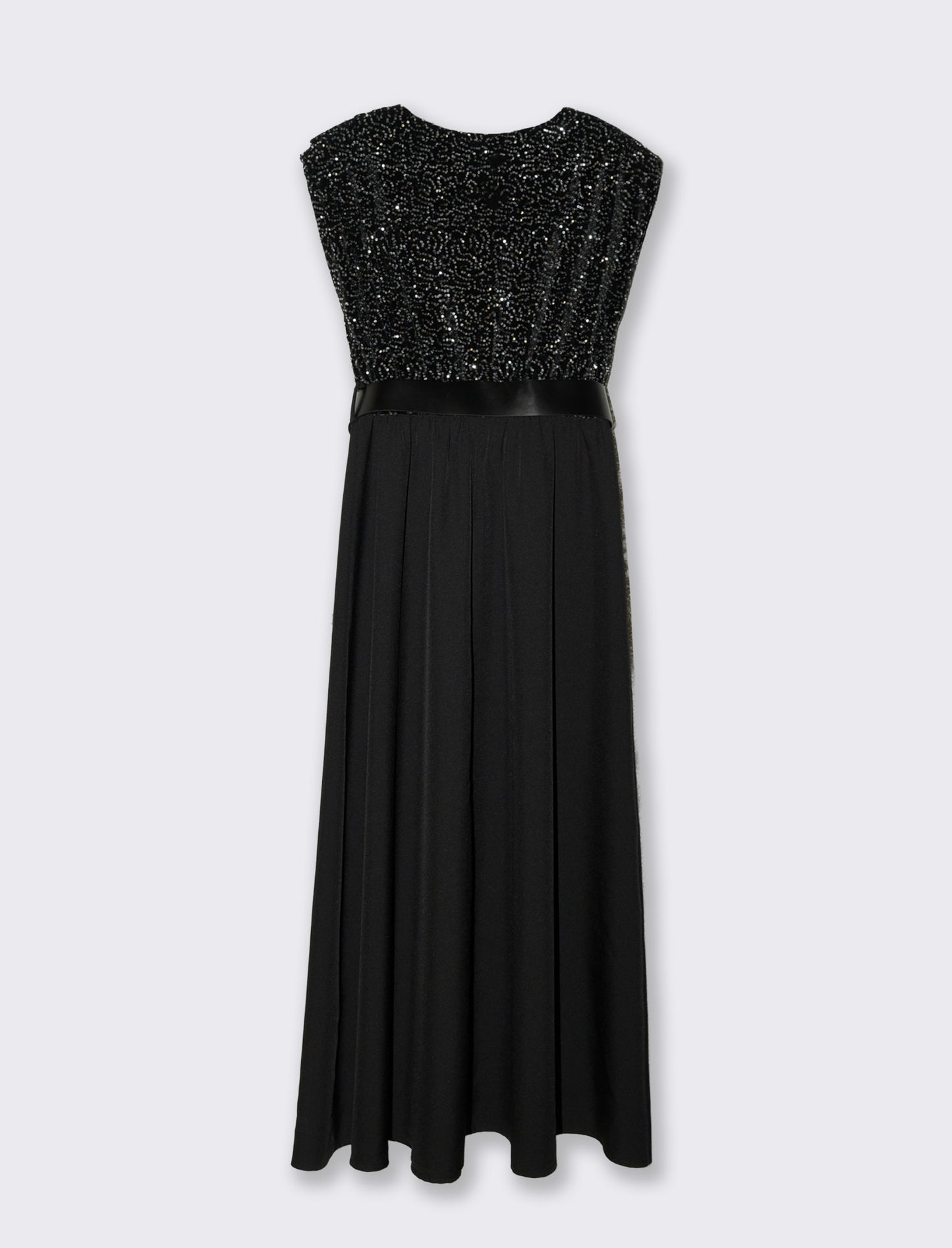 Vestito con doppio tessuto e cintura, paillettes e tessuto unito - Argento