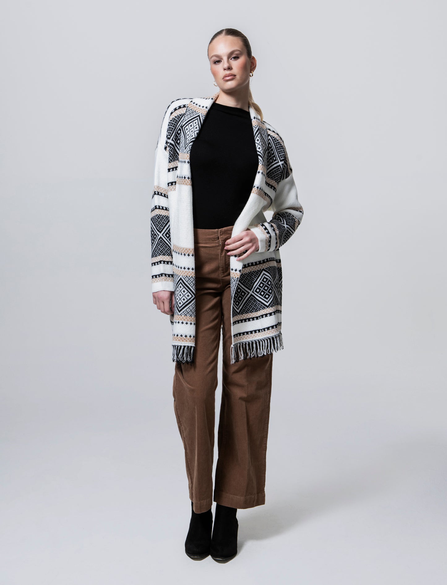 Maglia lunga jacquard modello spolverino - Bianco panna