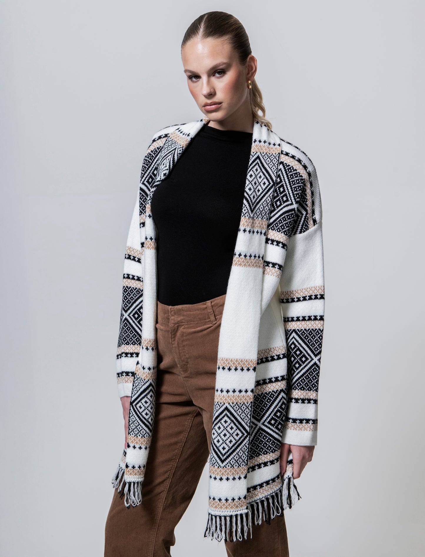 Maglia lunga jacquard modello spolverino - Bianco panna