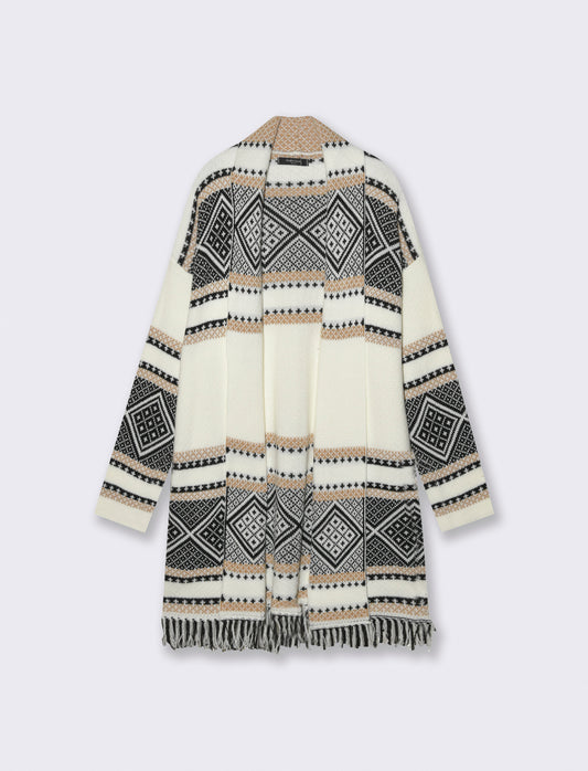 Maglia lunga jacquard modello spolverino - Bianco panna