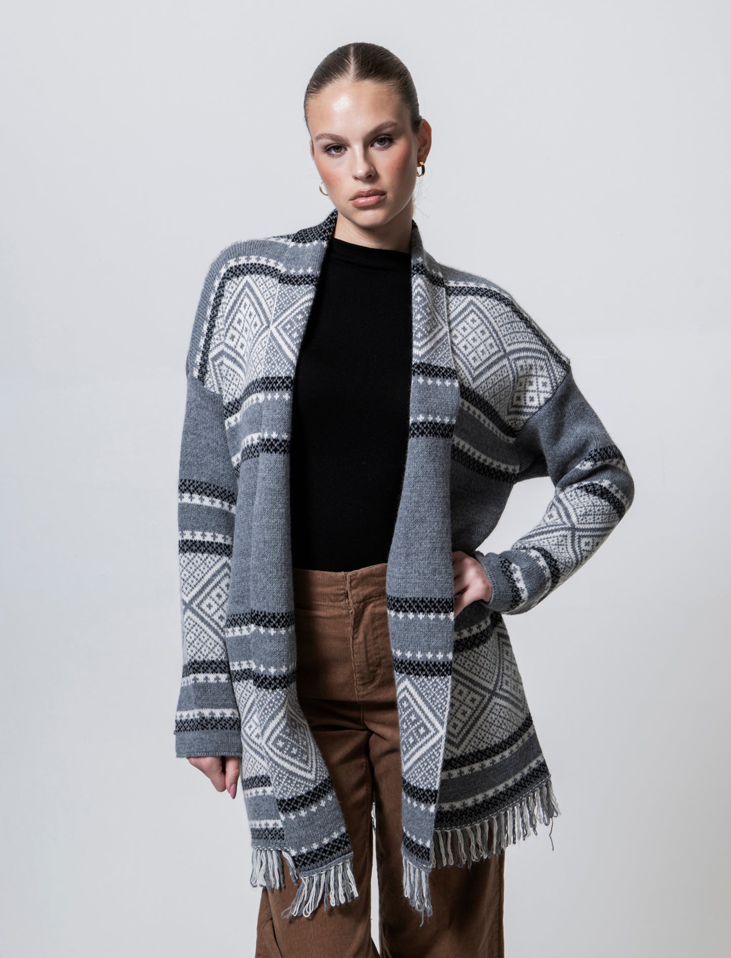 Maglia lunga jacquard modello spolverino - Grigio