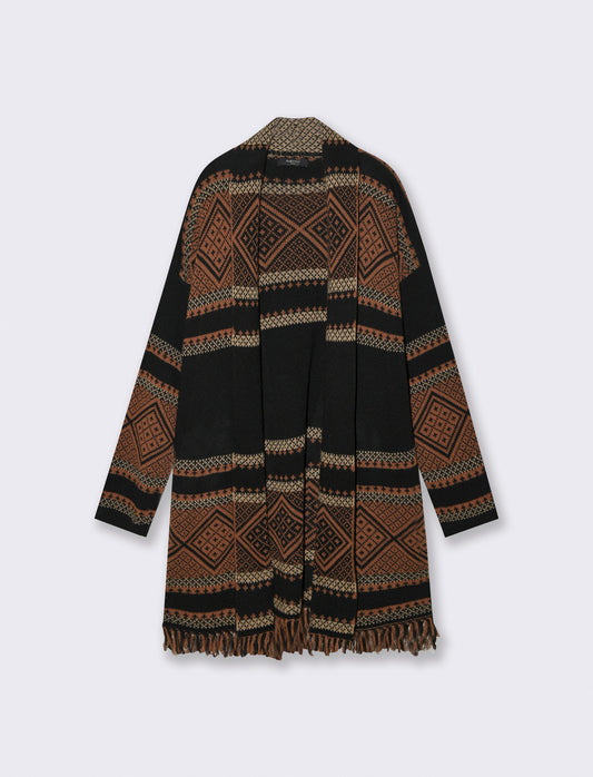 Maglia lunga jacquard modello spolverino - Nero