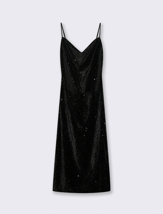 Vestito lungo in paillettes con bretelline - Nero