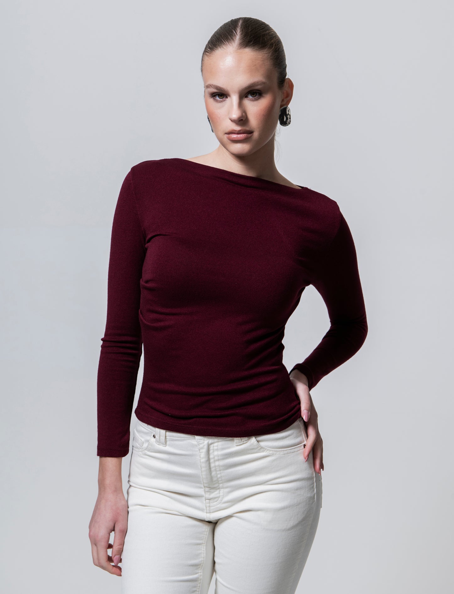 Tshirt manica lunga in maglia con scollo a barca - Bordeaux