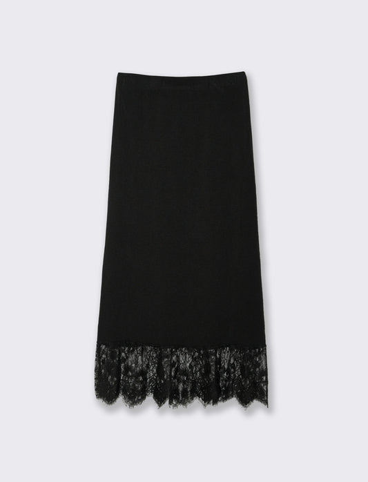 Gonna lunga in maglia con pizzo al fondo - Nero