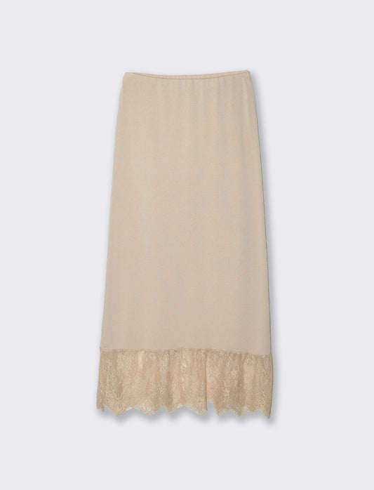 Gonna lunga in maglia con pizzo al fondo - Bianco panna