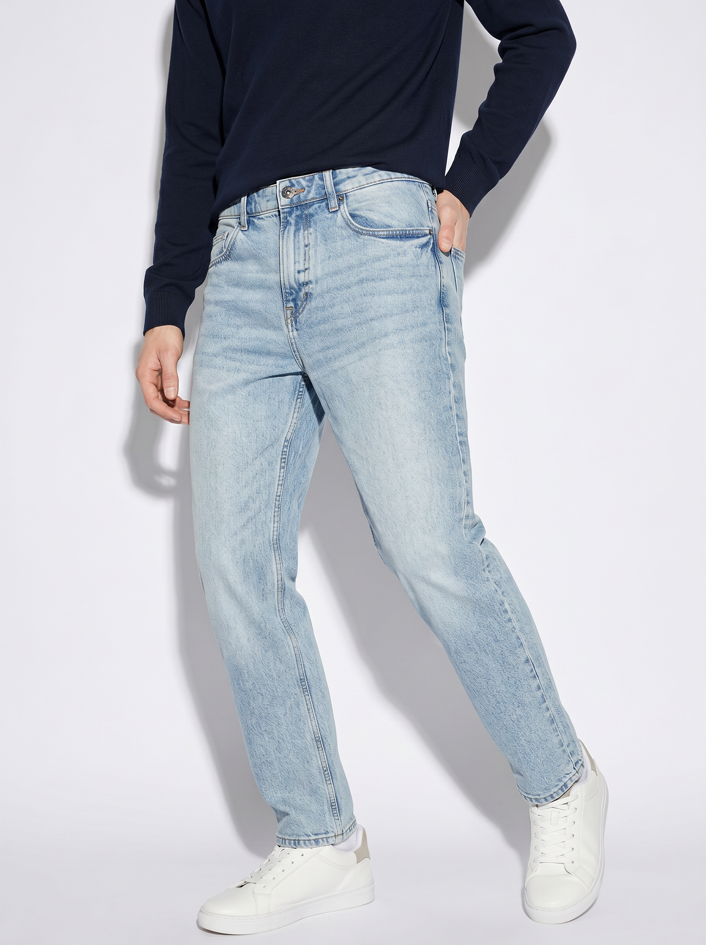 Jeans Regular Fit Blu Chiaro Effetto Slavato - Denim