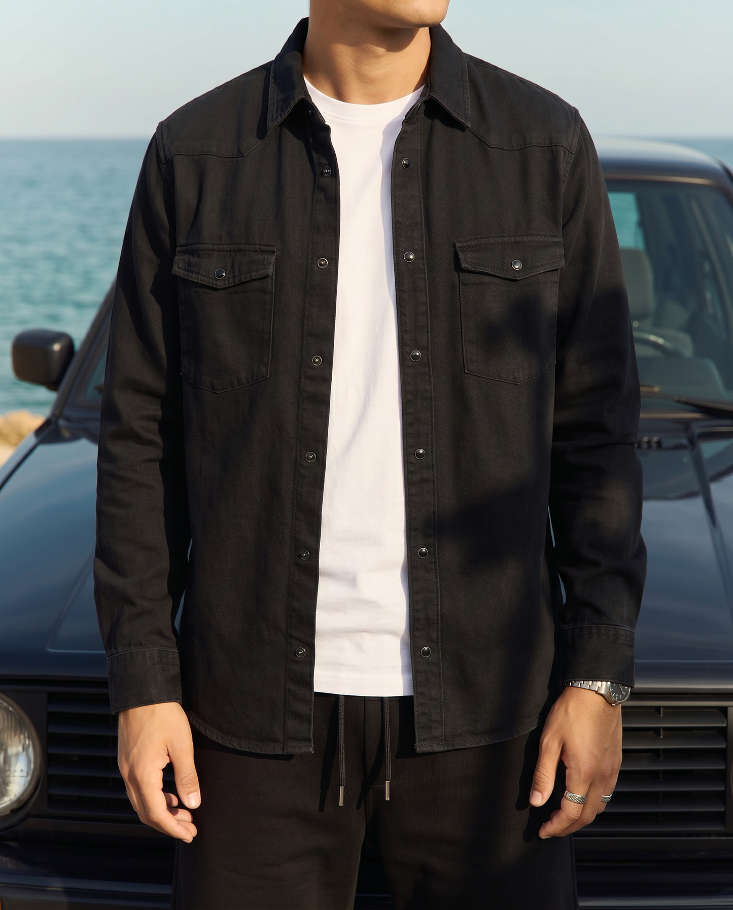 Camicia in denim slim con effetto slavato - Nero
