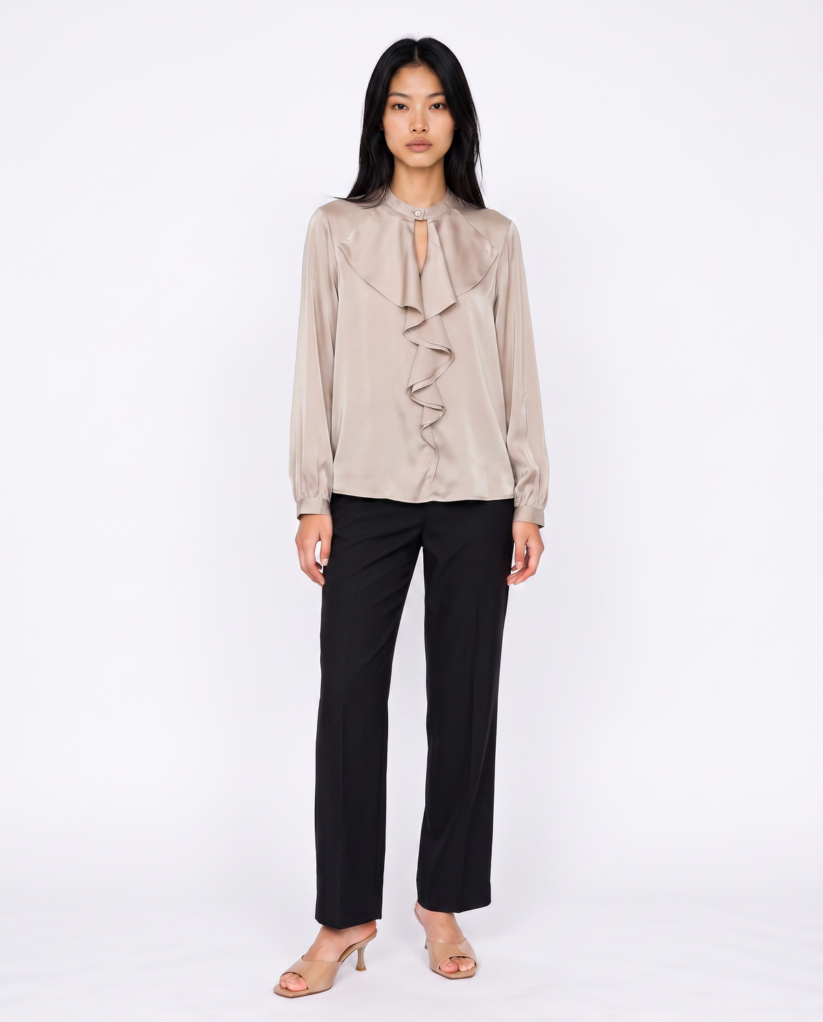 Casacca collo coreano con rouches eleganti - Beige