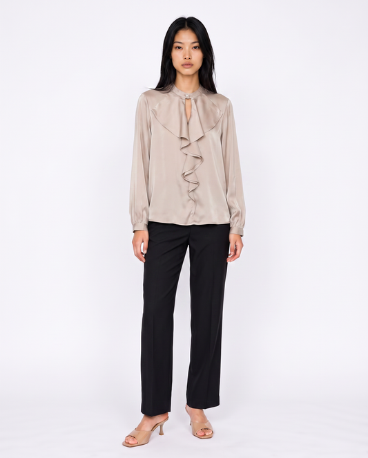 Casacca collo coreano con rouches eleganti - Beige