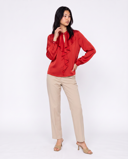 Casacca collo coreano con rouches eleganti - Rosso