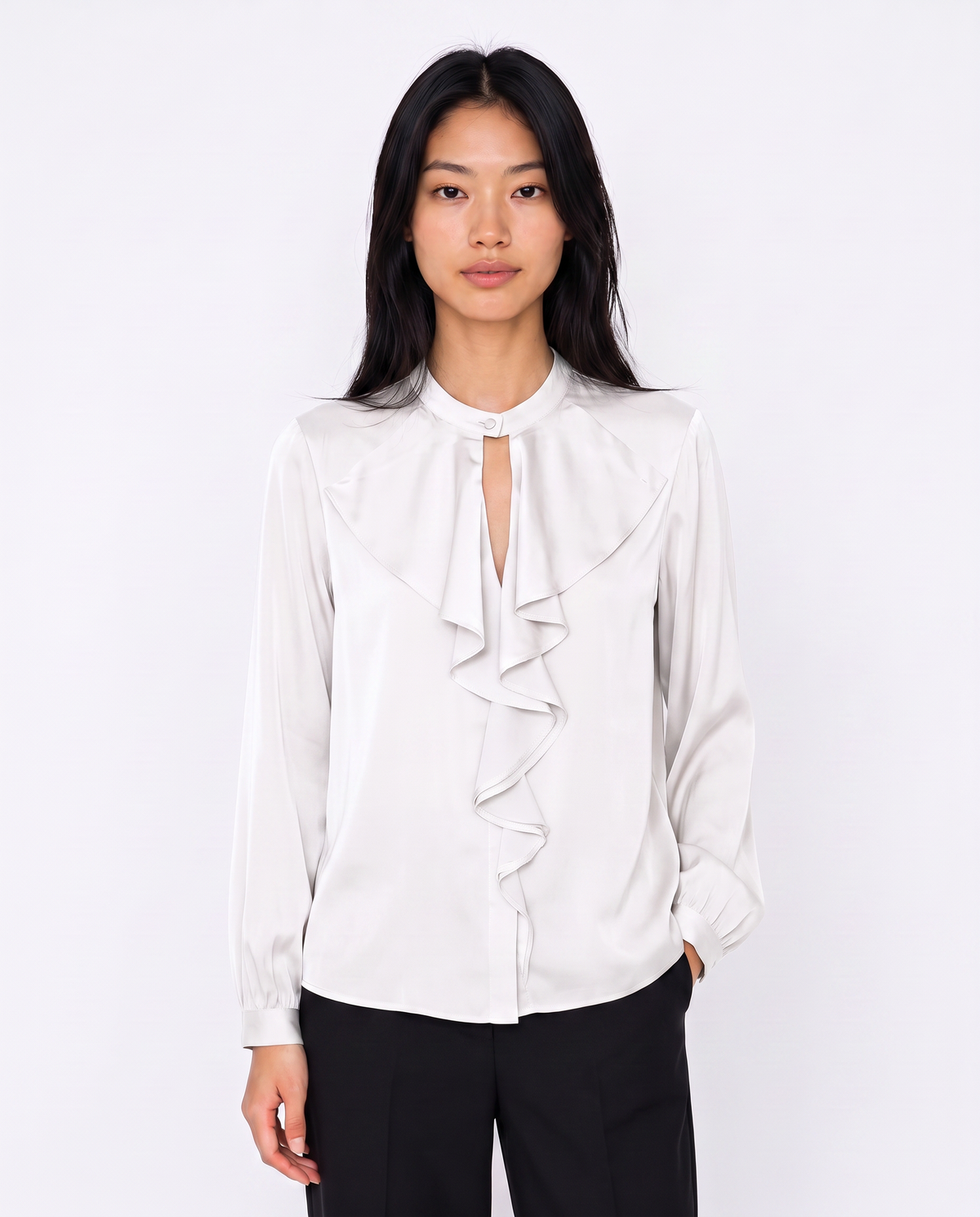 Casacca collo coreano con rouches eleganti - Bianco latte