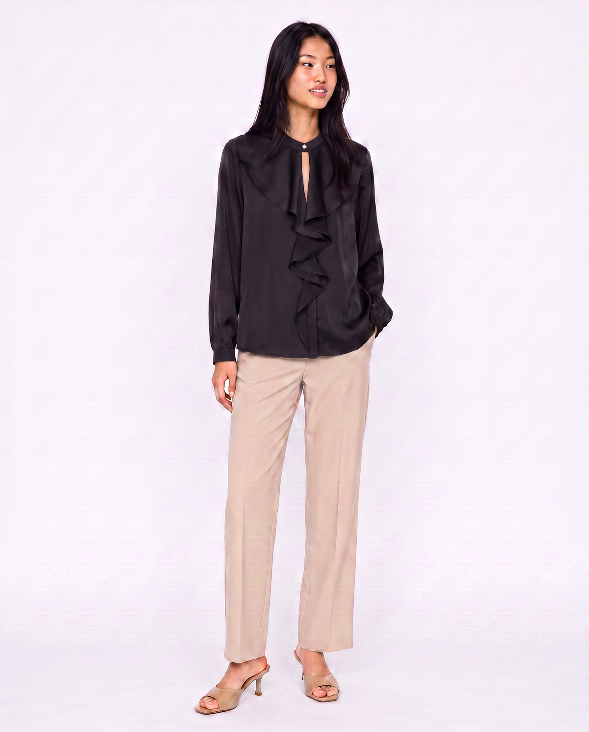 Casacca collo coreano con rouches eleganti - Nero