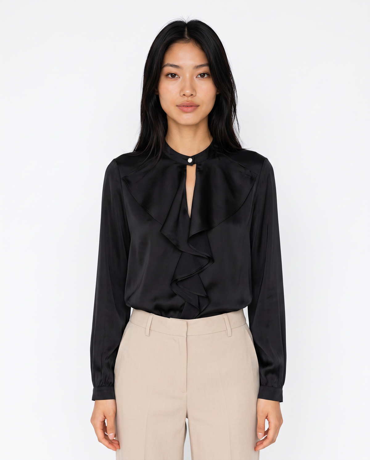 Casacca collo coreano con rouches eleganti - Nero
